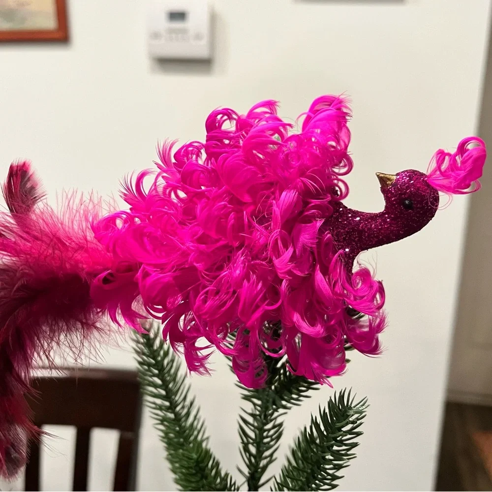 Pier 1 Imports Pink Feathered Clip On Bird Ornament Peacock Glitter